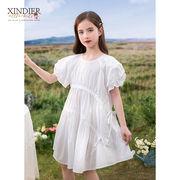 女童白色连衣裙夏季2023年时髦洋气纯棉灯笼袖，女孩纯色公主裙