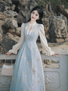 早春女装复古新中式国风气质蓝色仙女提花连衣裙高级感茶歇长裙