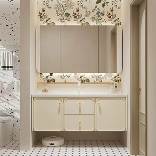 奶油风橡木烤漆浴室柜，组合陶瓷一体盆，卫生间洗漱台洗手池洗脸盆柜