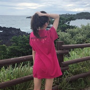 韩国夏潮牌宽松中长款字母短袖港味印花半袖上衣玫红纯棉t恤女装