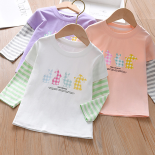 女童夏装长袖T恤儿童2024洋气韩版宝宝夏季时髦小兔子上衣潮