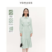 vgrass玫瑰花型提花收腰连衣裙，24年春薄荷曼波，绿色夏装荷叶边