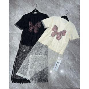 十三行潮牌春夏短袖长款t恤拼接蕾丝连衣裙，假两件套印花蝴蝶