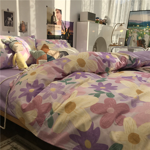 欧式紫色油画风田园小碎花床上四件套全棉纯棉文艺写意民宿1.5m