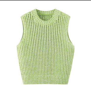 2024夏法式复古镂空麻花肌理感绿色圆领无袖针织衫马甲背心女