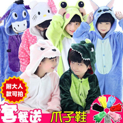 恐龙睡衣儿童动物连体，秋冬季皮卡丘法兰绒，卡通男女奶牛粉猪表演服