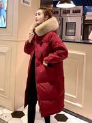 法式2023新年冬款红色狐狸毛领羽绒服女白鸭绒中长款外套大衣气质