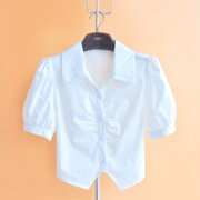 夏季新纯棉(新纯棉)衬衫，2024百搭泡泡袖，高腰短款小上衣短外套女式衬衣