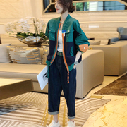 绿色拼接棒球服短外套，女韩版设计感休闲夹克小个子2024年春装