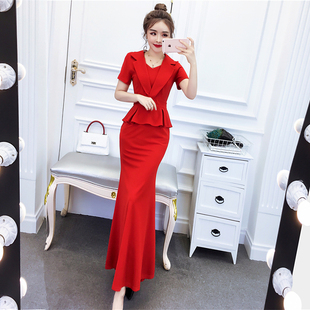 礼服裙女气质优雅时尚西装领长裙荷叶边修身显瘦包臀红色连衣裙