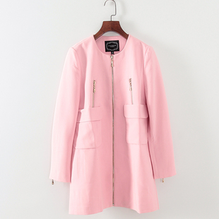 品牌系列春秋款女装，库存折扣中长款粉色风衣f1397b