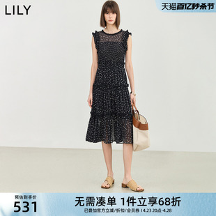 lily2024夏法式(夏法式)复古碎花轻薄花边无袖，高腰显瘦连衣裙小黑裙