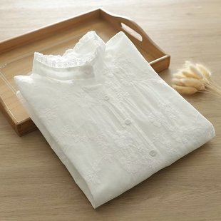 日系甜美长袖蕾丝花边衬衫女重工艺，刺绣立领百搭气质白衬衣(白衬衣)柔软棉