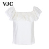 VJC/威杰思春夏女装白色法式蕾丝荷叶边短款气质无袖上衣