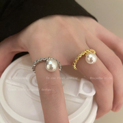 珍珠锆石开口戒指女ins小众设计装饰食指，戒2023时尚个性指环