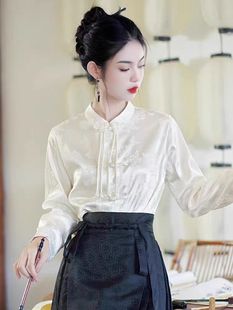 新中式马面裙上衣醋酸上衣盘扣，中国风黑白色，日常通勤小领衬衫长袖