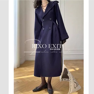 rixoexit法式设计感藏蓝色，毛呢外套女冬季羊毛双面长款呢子大衣