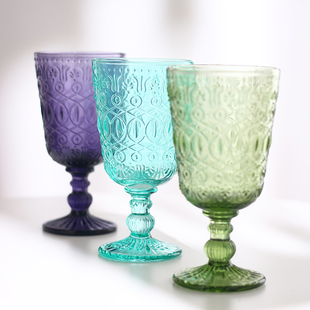 法式中古玻璃杯复古浮雕粉紫色果绿色高脚杯红酒杯家用水杯饮料杯