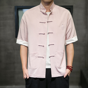 夏季新短袖宽松休闲纯色衬衫改良汉服中式唐装男士青年民族复古风