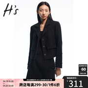 HS奥莱2022秋季商场同款黑色绒感提花箱型西装外套上衣短款女