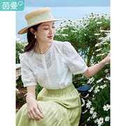 茵曼法式镂空白色衬衫女士2023年夏季圆领灯笼，袖纯棉衬衣上衣