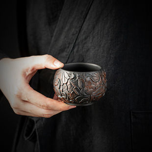 紫陶功夫茶杯单杯手工浮雕高端陶瓷茶具主人杯品茗杯家用水杯茶盏