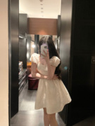 poetwong重工立体浮雕，印花白色连衣裙公主裙，高腰显瘦泡泡袖裙子