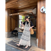 韩系套装女夏季蕾丝镂空钩花吊带背心裙叠穿短袖T恤连衣裙两件套