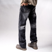 秋季男士牛仔裤潮牌美式复古泼墨，直筒裤子男款水洗黑色长裤