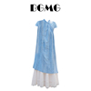 新中式国风蓝色连衣裙女2024夏季白色高腰蕾丝，蛋糕裙子两件套