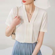 法式v领白衬衫女短袖雪纺，衫职业装2024夏季高级感气质工作服