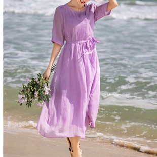 夏季女士连衣裙长裙系带收腰浅紫色刺绣高端苎麻中长款文艺复古