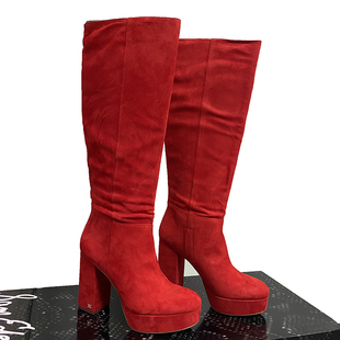 欧美ins羊反绒女高筒靴时装款带防水台粗高跟红色真皮靴子t台