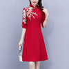 2024春夏大码女装中国风中袖重工刺绣红色收腰改良旗袍连衣裙