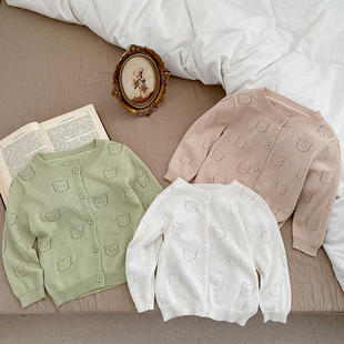 婴儿外套可爱超萌针织开衫春秋装，薄款女童夏装，宝宝小熊镂空空调衫