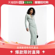 香港直邮潮奢 ASOS 女士设计喇叭长袖裹式绑带领绿色中长连衣裙(s