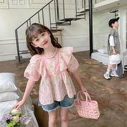 女童衬衫夏装韩版短袖，洋气碎花儿童，小女孩秋季泡泡袖半袖上衣