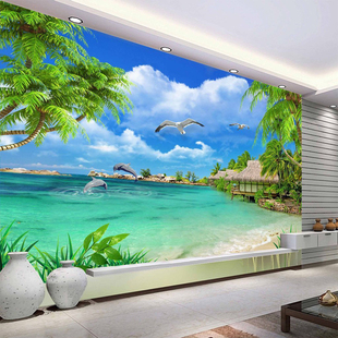 8d电视背景墙壁纸海景，沙滩壁画简约风景墙布，18d立体客厅影视墙纸