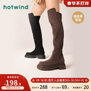 热风女鞋2023年冬季女士骑士长靴，纯色简约风格冬季加厚高跟靴