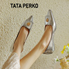 TATA PERKO联名银色山茶花尖头浅口单鞋女真皮平跟软底玛丽珍鞋子