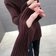 连手套的毛衣女(毛衣女，)袖子加长打底衫手指，洞秋冬套头带手指套护手针织衫