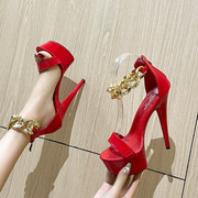 2022夏季红色红底高跟鞋，女性感细跟鱼嘴床上调情黑色漆皮凉鞋