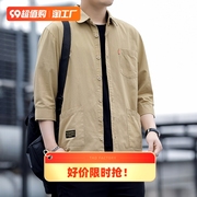纯棉夏季男士七分袖衬衫工装，多口袋中袖衬衣，宽松韩版潮流休闲短袖