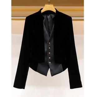 一线品牌撤回货女装时尚气质V领高级感黑色拼接丝绒西装外套