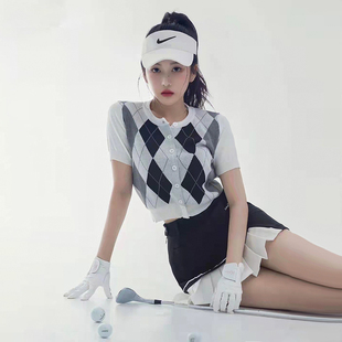 韩版高尔夫球服装女套装夏季气质千金范短袖上衣golf百褶短裙女黑