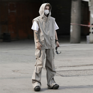 日系cityboy工装马甲夏季套装，男生夏季简约运动冲锋裤两件套