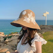 简约帽子女夏季紫外线沙滩帽蕾丝百搭大檐太阳帽遮阳帽女防晒草帽