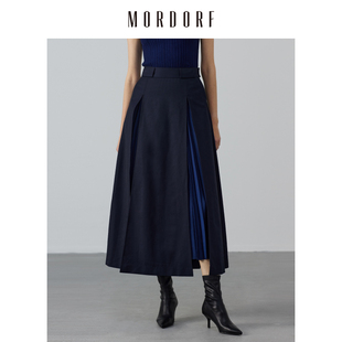 明星同款mordorf半身裙，女藏青色设计感百褶a字中长裙