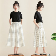 2024夏季女童法式设计感白色波点半身裙初中生中长款甜美A字伞裙