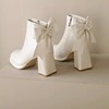 白色靴子女小个子2023短筒瘦瘦靴粗跟防水台高跟短靴女蝴蝶结
